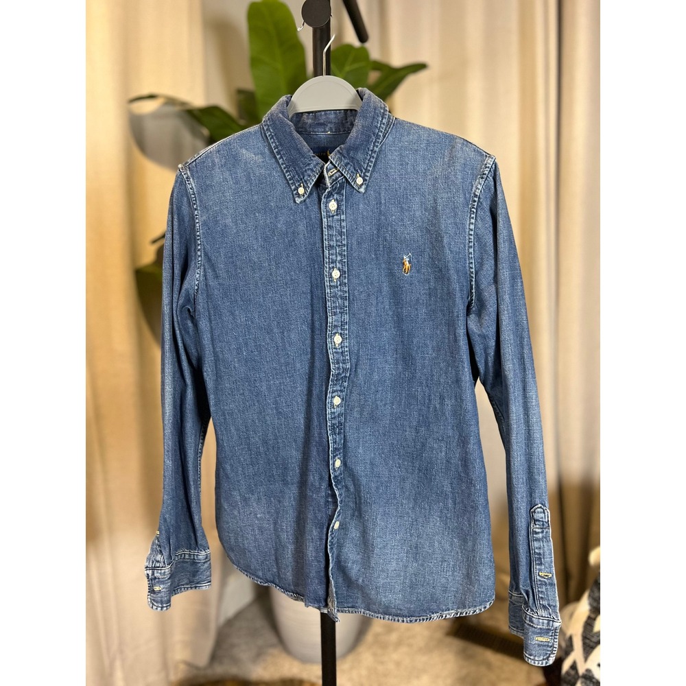 Polo Ralph Lauren Mens Custom Fit Denim Button Down Shirt Indigo Blue Large
